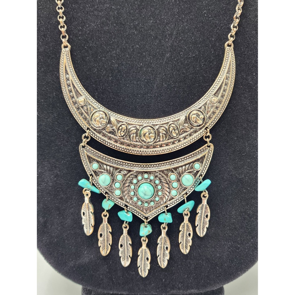 Boho Turquoise Statement Necklace Tribal Feather‎ Fringe Crescent Bib
